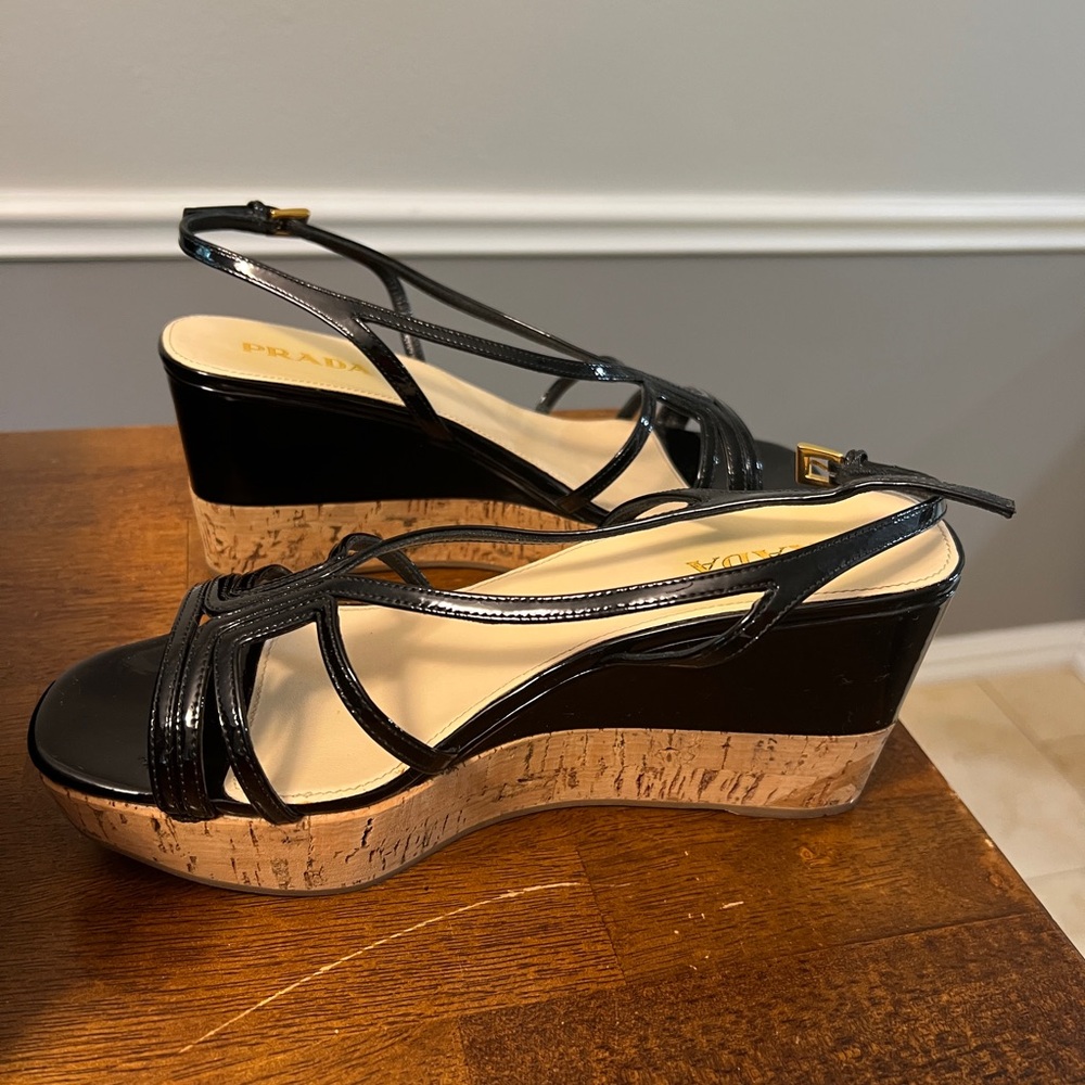 Prada Black and Tan Wedge Sandals